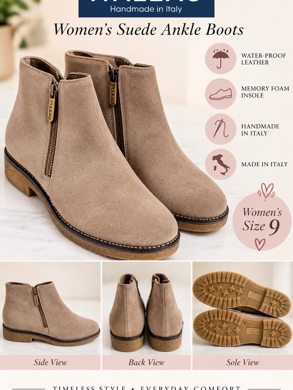 Handmade Suede Ankle Boots in Taupe — Women's Size 9